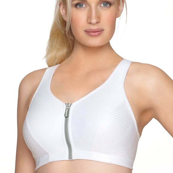 Glamorise SPORT Bra 34DD (HIGH-IMPACT) Wicks (RACERBACK) T-Back Zip-Up White NEW - Picture 1 of 16